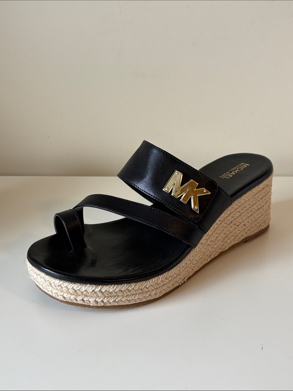 MICHAEL Michael Kors Jilly Black Leather Logo Espadrille Wedge Sandals 8M EUC